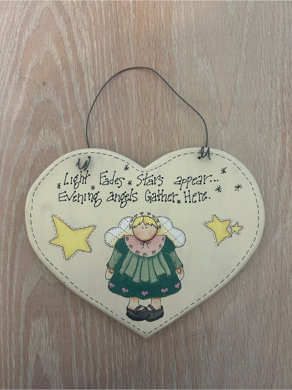 Handcrafted Callahan Cream Heart Plaque with Green Angel and Yellow Stars